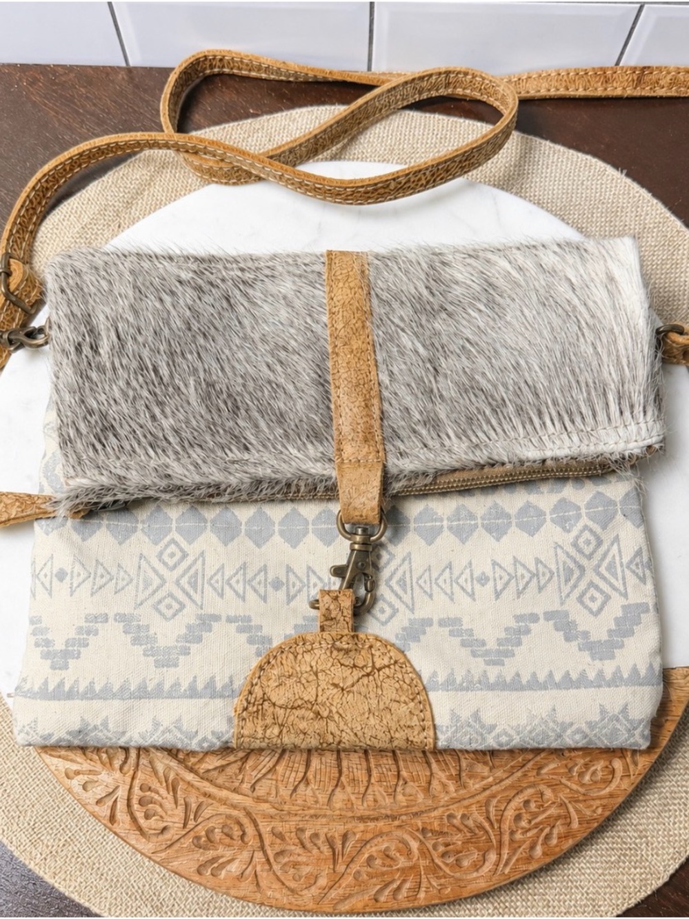Myra Bag Neutral Haircalf & Canvas Crossbody Bag